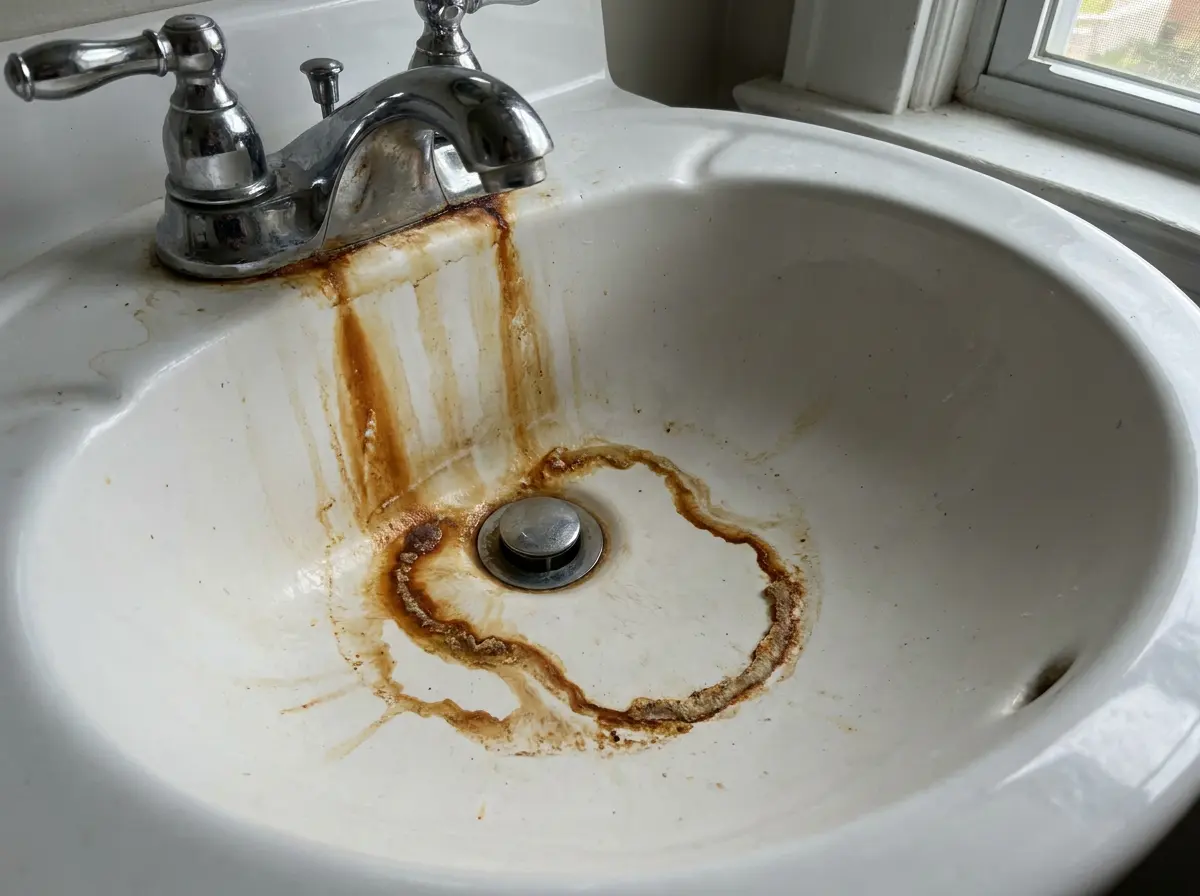 White sink with orange iron staining from well water