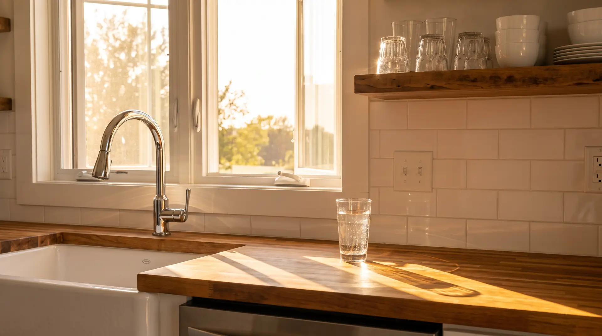 The same kitchen with gleaming chrome faucet and a crystal-clear glass of water