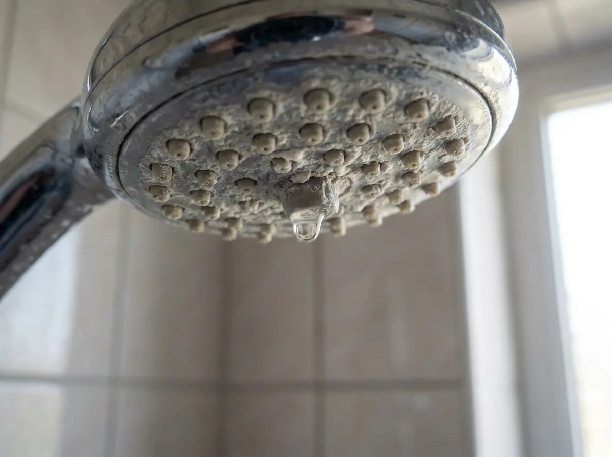 Chrome showerhead crusted with white limescale mineral deposits