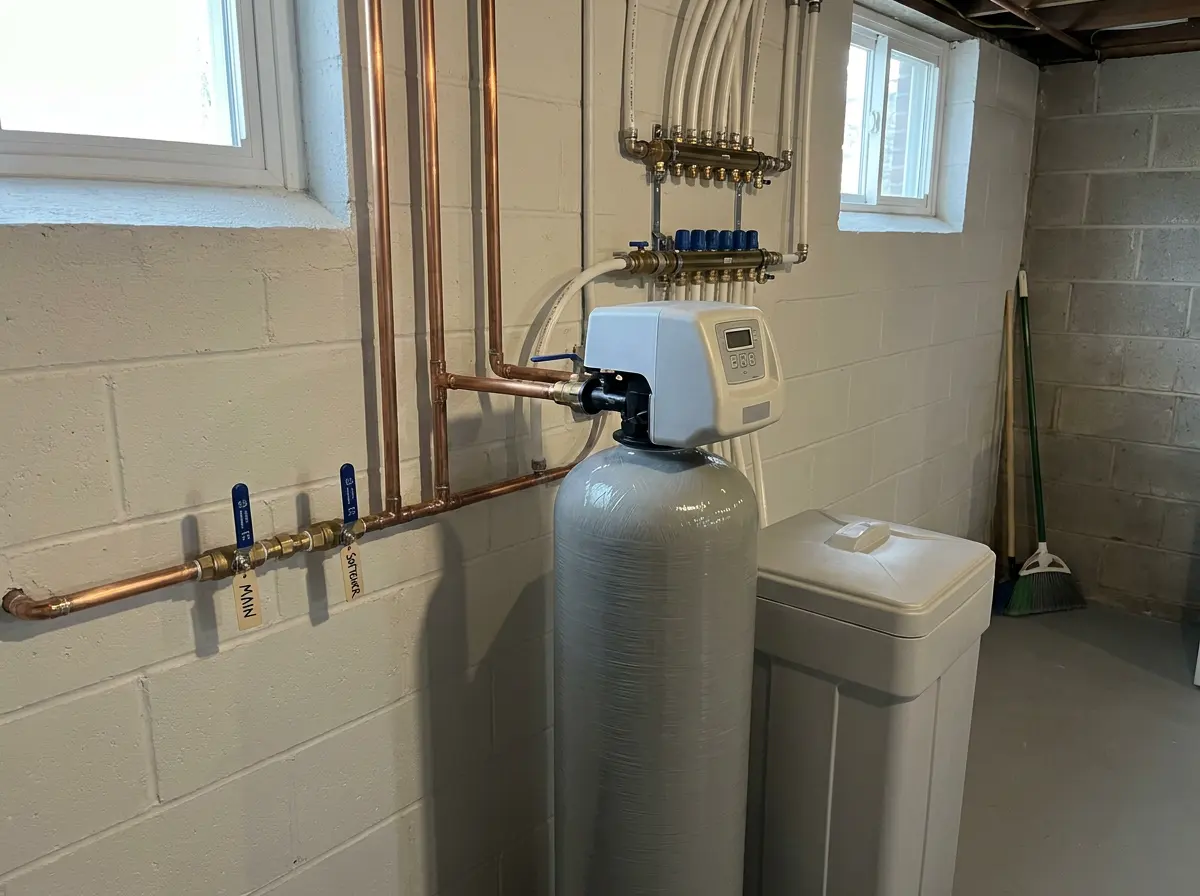 New water softener system professionally installed in a clean basement
