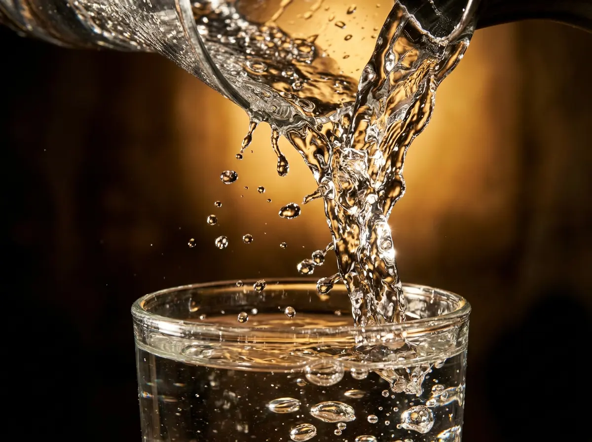 Crystal-clear water pouring into a glass in golden light